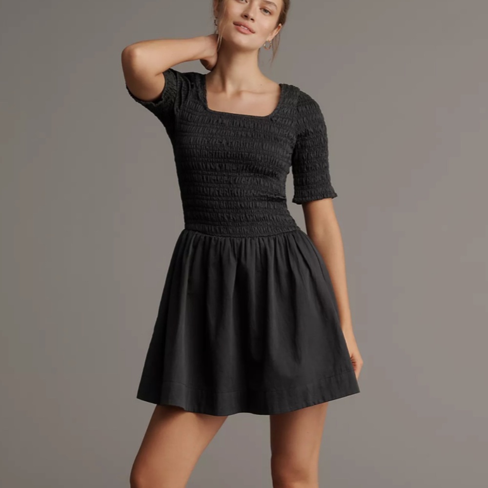 Damson Madder Straight-Neck Smocked Mini Dress - Size 10; Black